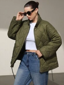 Aveloria Modichic Abrigo acolchado con cuello alto, unicolor, decorado con cinturón de cintura y patrón de diamantes para uso diario - Verde militar - Ver 6