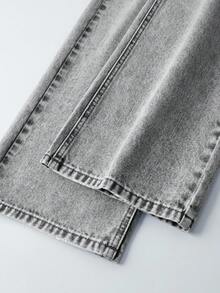 SHEIN 少女复古波西米亚风都市浅色水洗松紧腰直筒牛仔裤，配有扁平口袋 - 淺灰色 - 查看 4