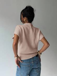 Aloruh 女式休闲纯色蝙蝠袖圆领针织上衣 - 卡其色 - 查看 3