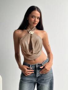 Aloruh Women's Sexy Elegant Criss-Cross Plunge Neck Hollow Out Tie-Dye Print Backless Cami Top - Mocha Brown - View 6