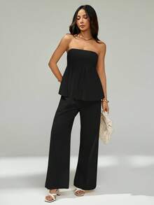 SHEIN PETITE 女士时尚纯色抹胸上衣和裤子两件套 - 黑色 - 查看 5