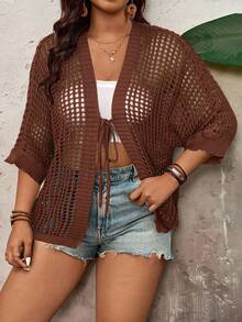 SHEIN VCAY 2025 Loose Hollow Out Knit Cover Up For Women, Lightweight, Casual Style, Summer Shawl In Fall/Winter - Chocolate Brown - View 3