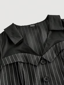 SHEIN MOD Women's Bubble Sleeve Striped Patchwork Button Design Ruffle Hem Mini Dress Black Dress With White Stripes Pinstripe Dress Collared Dress Dresses For Women Long Sleeve,Fall Clothes For Women,Shirt-Style 2 In 1 Dress,Black Dresses, Long Sleeve,A-Line - Black - View 4