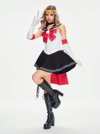 ROMWE Avant فستان قصير بدون أكمام بلون متباين وفيونكة، كوسبلاي ياقة زرقاء داكنة للنساء