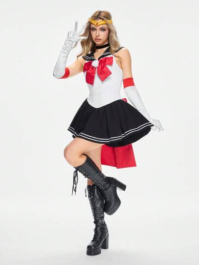 ROMWE Avant Women's Sexy Contrast Color Bowknot Sleeveless Mini Dress, Navy Collar COSPLAY