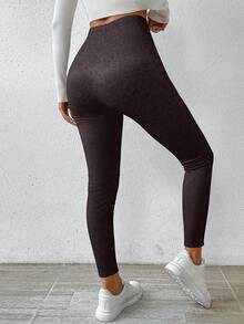 Chiquease Women's Casual High Waist Thermal Lined Leggings, Autumn/Winter - Chocolate Brown - View 2