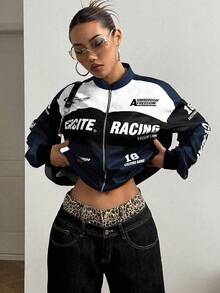 SHEIN PETITE Letter Print Contrast Color Drop Shoulder Bomber Jacket For New Year Clothes