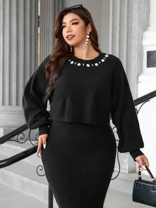 Ellevyn Plus Size Women Knitted Dress Set, Elegant Ladies Knitted Dress Suit, Knitted Sweater & Knitted Dress Set, Purple Knitted Dress Suit With Pearl Collar Decoration, Stretchy & Comfortable