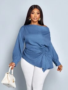 SOLERSUN Women's Plus Size Fall And Winter Solid Color Asymmetric Collar Long Sleeve Side Drawstring Ruched Fashion Blouse,Asymmetric Hem Blue Woven Fabric Shopping And Dating Blouse,Hem Of Handkerchief, Hem Of Handkerchief - Blue - View 7