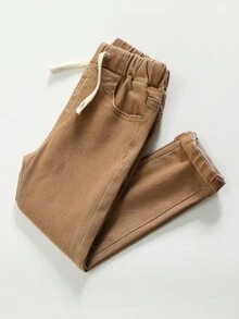 SHEIN Young Boy Elastic Waist Drawstring All-Match Simple Versatile Comfortable Stretchy Slim Fit Light Grey Denim Jeans Fall Winter - Coffee Brown - View 5