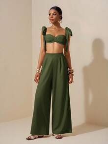Zivah Beach New Spring And Summer Casual Holiday Bowknot Shoulder Straps Chest-Wrapped Heart Collar Cropped Top + Wide-Leg Super Trousers Apricot Women's Two Pieces Se,Textured Fabric Material - Green - View 4