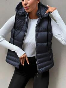 EURMUSE Zip Up Drawstring Hooded Puffer Vest Coat - Navy Blue - View 1
