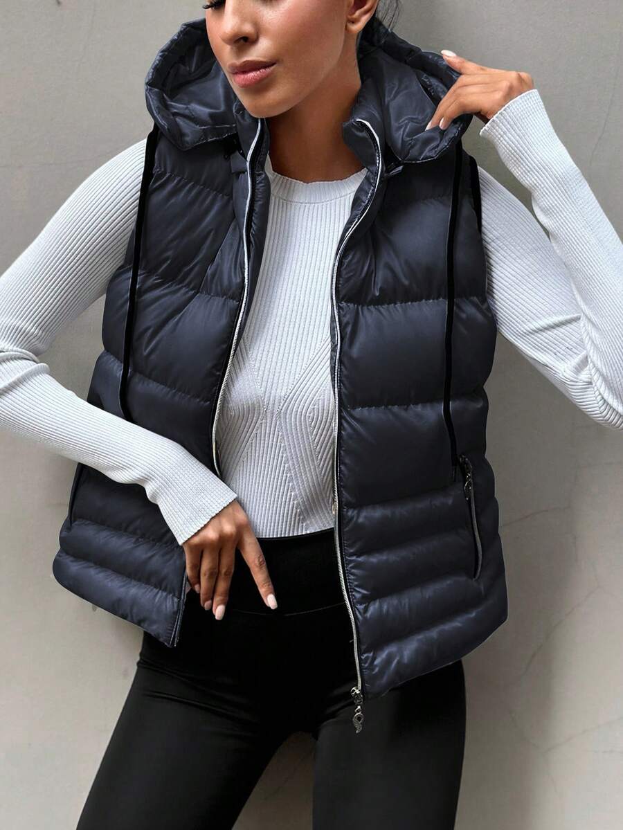 EURMUSE Zip Up Drawstring Hooded Puffer Vest Coat - Navy Blue - View 1