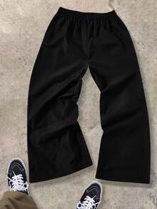 SHEIN 青少年男童休闲日常舒适拼布撞色抽绳宽松直筒梭织裤 - 黑色 - 查看 2