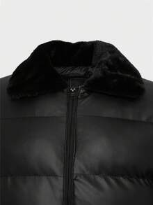 EURMUSE 加大码高品质PU面料毛领常规款冬季大衣 - 黑色 - 查看 4