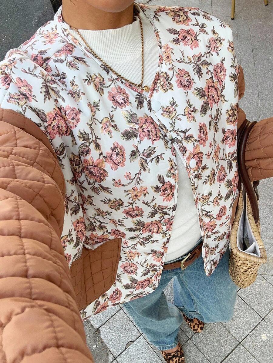 SHEIN Unity Áo khoác chần bông cổ tròn tay dài in họa tiết tương phản cổ điển dành cho nữ, mặc thường ngày và ngày lễ, mùa thu/đông - Nhiều màu - Xem 1