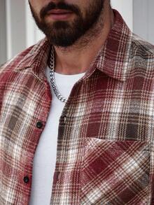 Manfinity Homme 男士休闲日常格子大衣，秋冬 - 紅色 - 查看 8