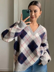 DAZY 复古撞色格子宽松V领长袖休闲街头风格女式毛衣，秋冬 - 灰色 - 查看 3