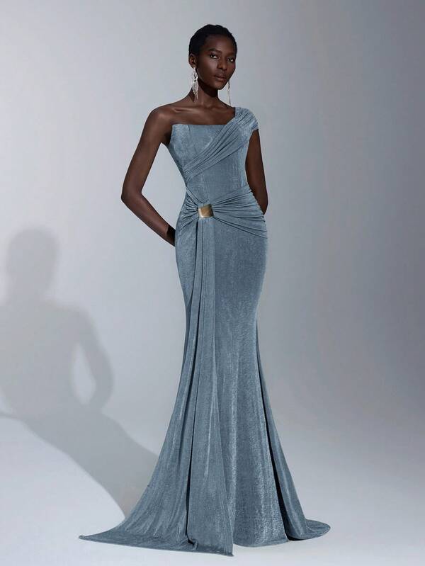 Elitara Elegant, Romantic, Sexy, Minimalist, Yellow-Green-Brown, Knitted Stretchy Fabric, Fishbone, Bust Cup, Fishtail Skirt Hem, Trailing, Fashionable, Influencer, Festival, Vacation, Birthday Party, Wedding Event, Formal Gala Dress