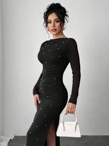 Firerie Đầm dài ôm sát xẻ tà cao thanh lịch dành cho nữ, màu trơn đính ngọc trai giả, xuân/thu - màu đen - Xem 6