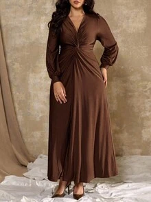 Roveilla 大码女式V领长袖连衣裙，休闲法式风格，适合派对穿着 - 棕色 - 查看 6
