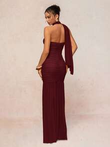 Lumalex Halter Neck Chiffon Flowy Ruched Bust Padded Bodycon Dress For Women