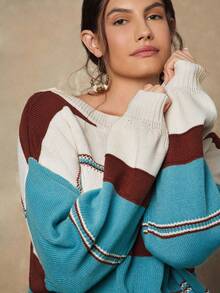 SHEIN VCAY Plus Size Women Boat Neck Striped Drop Shoulder Long Sleeve Casual Loose Knit Sweater, Autumn/Winter