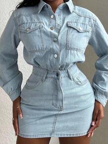Alexandranx Đầm denim giản dị tay dài có túi đơn hàng khuy cho nữ - Màu xanh lam - Xem 3