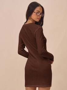 MUSERA Vestido mini de manga larga con cuello de equipo, bordado con eslogan, ligero, para verano, para ir a la librería, Ibiza, playa, festival, concierto, fiesta, cita nocturna, noche de cumpleaños, fiesta de noche - Marrón - Ver 3