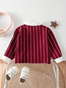 SHEIN Babygirl 可爱运动休闲条纹红色字母图案长袖运动衫 - 紅色 - 查看 2