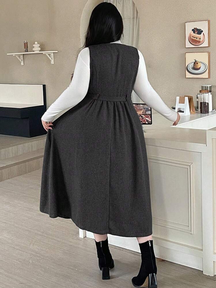 Dazy Plus Plus Size Solid Color Single-Breasted V-Neck Tie-Waist Sleeveless Dress, Elegant Academic Style, Spring/Autumn Maxi Dress