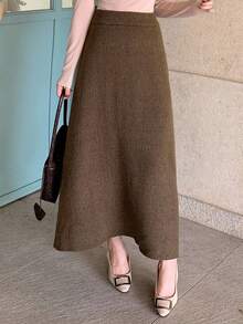 DAZY Falda de punto de unicolor casual para mujer, otoño/invierno - Marrón - Ver 6