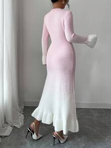 Elenzga Đầm len midi dáng ôm dáng thời trang thanh lịch, sang trọng, thiết kế độc đáo, cổ tròn ombre, viền bèo nhún, dành cho nữ, mặc đi chơi, hẹn hò, đi làm, đi tiệc, thu đông - Hồng - Xem 4