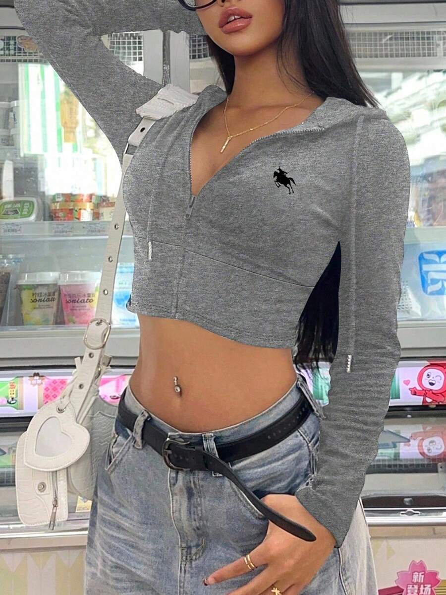 SHEIN EZwear 1 件女士花卉图案灰色紧身短款拉链连帽衫运动衫，适合秋冬季 - 淺灰色 - 查看 1