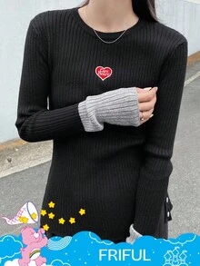 FRIFUL SHEIN X Care Bears 女款圓領修身緊身毛衣，愛心與字母刺繡，對比色袖口拼接，校園度假風 - 藏蓝色 - 查看 9