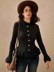 Wildy Romantic Bohemian Ruffle Trim Black Long Sleeve Street Fashion T-Shirt Western Blouse Black Peplum Top Black Ruffle Blouse Women Western Tops Black Button Down Blouse - Black - View 5