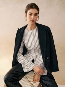 Cévolie 女式复古法式条纹圆领收腰长袖衬衫，秋冬