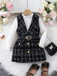 SHEIN Babygirl 优雅针织黑色格子连衣裙和汗衫套装 - 黑與白 - 查看 1