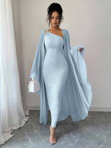 Elenzga Bộ váy len dệt kim Jacquard kiểu Pháp thanh lịch có khóa kim loại và khăn choàng, thiết kế độc đáo, phong cách nữ thần sang trọng, sang trọng, xuân/hè - Màu xanh lam - Xem 7