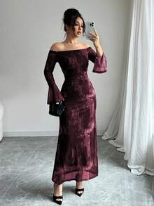 Modelyn 女式露肩喇叭袖扎染时尚网眼印花褶饰鱼尾修身连衣裙 - 紅色 - 查看 3