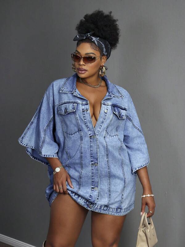 Slaydiva Veste en jean à manches évasées mi-longues avec boutons, mode et polyvalente, grande taille