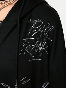 Paul Frank X ROMWE Áo hoodie cỡ lớn in logo toàn bộ đính đá Rhinestone trang trí phong cách đường phố - màu đen - Xem 3