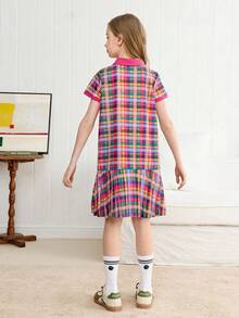 Joliand Joliand 1pc Tween Girls Pink And Yellow Plaid Dress,Summer Cute Preppy Style Polo Collar Short Sleeve Shirt Dress For Back-To-School,Daily Wear & Party School - Multicolor - View 3