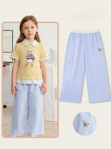 Joliand Joliand 1 件年轻女孩优雅城市学院风格可爱狗狗装饰蓝白条纹宽松裤，适合聚会、旅行、返校、派对、夏季和秋季 - 藍白色 - 查看 10