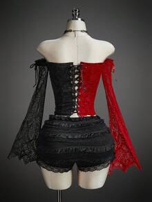 SHEIN ICON 女式万圣节角色扮演露肩撞色蕾丝喇叭袖提花衬衫 - 彩色 - 查看 2