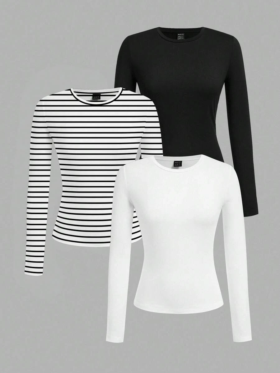 SHEIN Leap Crew Bộ 3 áo thun nữ tuổi teen dáng ôm, dễ phối đồ, màu đen, trắng, đen trắng kẻ sọc, tay dài, thích hợp cho mùa thu/đông, mặc nhiều lớp, ấm áp trong mùa thu. - Nhiều màu - Xem 1
