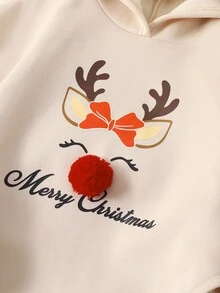 SHEIN 青少年女孩休闲圣诞驯鹿图案蝴蝶结和绒球装饰宽松连帽衫和黑色紧身裤套装，适合圣诞节、日常、派对、学校、杏色、卡其色 - 杏色 - 查看 6
