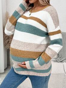 SHEIN 孕妇休闲宽松条纹圆领落肩长袖毛衣，秋季孕妇毛衣女毛衣针织毛衣秋季毛衣女条纹毛衣 - 彩色 - 查看 4