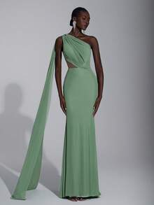Elitara 优雅长款露背网纱绿色单肩连衣裙，适合度假、舞会、派对、约会、婚礼等场合，也可作为伴娘礼服、情人节礼服。 - 綠色 - 查看 5