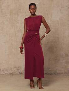 Lumalex VITNOS 秋冬新款高端优雅咖色针织无袖褶皱修身收腰金属扣装饰不对称连衣裙，女秋装，适合演唱会、约会、婚礼、派对、生日 - 酒紅色 - 查看 4